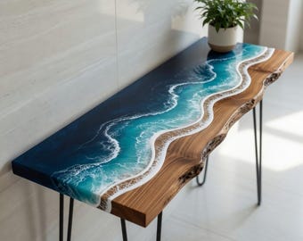 Epoxy portiektafelconsole, entreetafel, Ocean Wave-consoletafel, epoxy-banktafel, handgemaakt meubilair, handgemaakte houten gangtafel