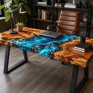 Custom Ocean Epoxy River Desk, Live Edge Wood Office Table, Handmade Resin Executive Desk, Luxury Study Table, Modern Wooden Computer Desk
