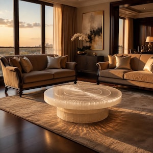 May include: A round, low-profile coffee table made of translucent, textured glass with a radial, sunburst-like pattern on the surface. The table features a cylindrical base and sits on a large, neutral-toned area rug in a living room setting.
