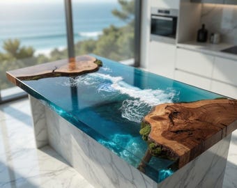 Custom Order Epoxy Kitchen Island, Dining, coffee, Bar Top, Ocean Waves Resin River Furniture