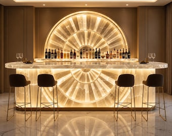 Luxus Selenit Bar Theke mit Hintergrundbeleuchtung, leuchtende weiße Kristall Hausbar, handgefertigte Stein-Empfangstheke für das Interieur der Hotelvilla