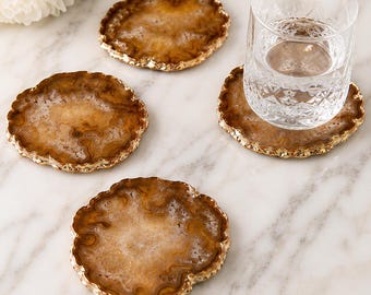 Bernstein Achat Untersetzer Set, Kristall Getränke Untersetzer mit Goldrand, handgemachte Geode Scheibe Untersetzer, Luxus Tischdekoration Geschenk