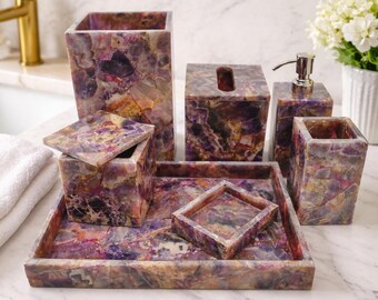 Juego de baño de piedra amatista hecho a mano, dispensador de jabón de lujo para decoración, juego de accesorios de baño