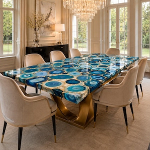 Blauwe agaat eettafel, luxe edelsteen tafelblad, rechthoekige kristallen stenen eettafel, handgemaakte meubels voor elegante eetkamer