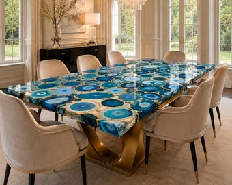Blauer Achat Esstisch, Luxus Edelstein Tischplatte, Rechteckiger Esstisch aus Kristallstein, Handgefertigte Möbel für Elegantes Esszimmer
