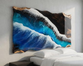 Live Edge Kopfteil König Twin Voll Queensize Bett, Panel Epoxy Resin Floating Headboard