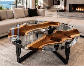Ronde salontafel van epoxyhars, tafel van hout met natuurlijke randen, Clear River tafel, moderne luxe salontafel met zwarte metalen poten