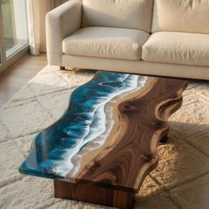 Slab Wood Desk with Blue Waves, Rustic & Coastal Style Furniture for Living Room, Wooden Coffee Table, Custom Size, Christmas Gift