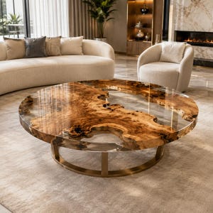 May include: A round coffee table featuring a natural live-edge wood slab centrepiece encased in clear resin. The tabletop has a glossy finish and is supported by a circular metallic base with a gold-toned finish, resting on a light-coloured rug.