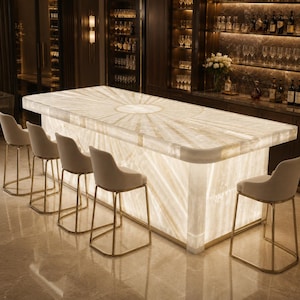 Custom Backlit Selenite Bar Counter, Luxury Glowing Stone Island, Handmade Translucent Home Bar Top for Villa Hotel Decor