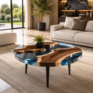 Op de afbeelding: Een ronde salontafel met twee natuurlijke houten bladen met boomstamranden, verbonden door een doorschijnend blauwe hars in rivierontwerp. De tafel staat op drie slanke, zwarte, taps toelopende poten en bevat een kleine zwarte vaas met groen.