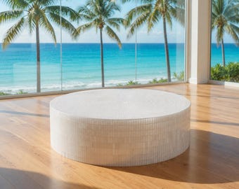 Palm View Selenite Coffee Table, Round White Crystal Block Table, Handmade Mineral Centerpiece for Tropical Villa Interior