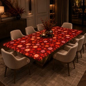 May include: A rectangular dining table featuring a vibrant red and orange agate gemstone surface with a circular pattern. The table is supported by a geometric gold-toned metal base and is surrounded by eight upholstered beige armchairs.
