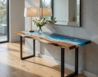 Mesa consola de resina con diseño de olas, mesa de bar con borde natural estilo océano, mesa auxiliar para sofá con borde natural, mesa de pasillo estilo costero, muebles de lujo hechos a mano.