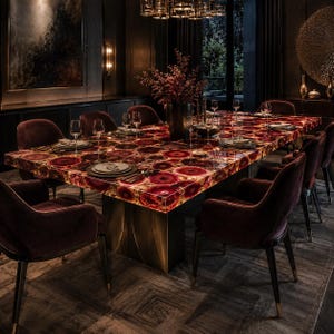 Mesa de jantar em ágata vermelha rubi, tampo de mesa de pedra preciosa de luxo, mesa retangular de cristal, móveis de jantar de design artesanal para casas de luxo.