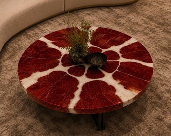 Round Red Gemstone Coffee Table, Jasper Stone Center Table, Handmade Luxury Living Room Furniture, Modern Statement Table