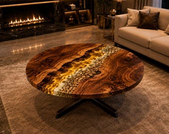 Round Epoxy Coffee Table, Walnut Wood Resin River Table, Handmade Luxury Center Table, Modern Living Room Furniture