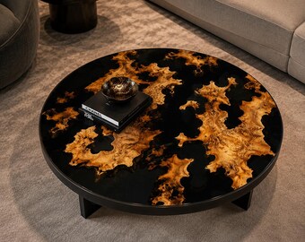 Round Black Epoxy Coffee Table, Burl Wood Resin Center Table, Handmade Luxury Living Room Table, Modern Statement Furniture