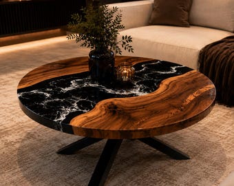 Handmade Glossy Black Epoxy Olive Wood Round Table| Handmade Live Edge Side Table | Modern Luxury Furniture