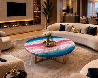 Round Ocean Epoxy Coffee Table, Pink Blue Resin Center Table, Handmade Luxury Living Room Furniture, Coastal Statement Table
