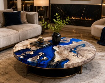 Round Epoxy Coffee Table, Blue Resin River Table, Burl Wood Center Table, Handmade Luxury Living Room Furniture, Modern Coffee Table
