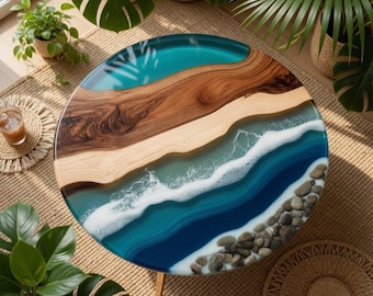 Epoxy resin ocean wave table, Round coffee table, Handmade side custom table, Green and blue epoxy table, House warming gift