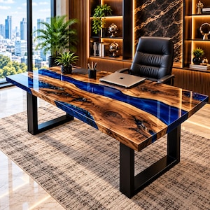 Bureau en résine époxy bleue, bureau en bois massif, bureau de direction haut de gamme, table rivière artisanale, espace de travail en bois sur mesure
