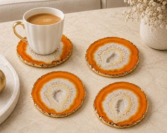 Orange Achat-Untersetzer-Set mit Goldrand, natürliche Kristalluntersetzer, handgefertigtes Luxusstein-Kaffeetisch-Dekorgeschenk