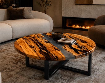 Round Wood Epoxy Coffee Table, Smoky Grey Resin Center Table, Handmade Luxury Living Room Furniture, Modern Burl Wood Table