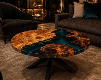 Round Epoxy Coffee Table, Teal Resin River Table, Burl Wood Center Table, Handmade Luxury Living Room Furniture