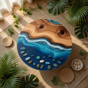 Mesa de comedor redonda de madera epoxi, mesa de centro pequeña de madera, mesa personalizada, mesa con arte de olas del océano, mesa de cocina costera, muebles decorativos