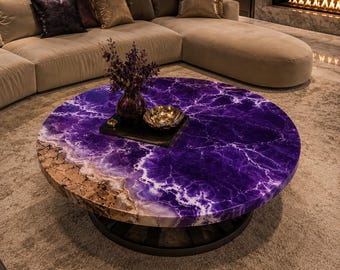 Round Amethyst Coffee Table, Purple Gemstone Center Table, Handmade Luxury Living Room Furniture, Modern Statement Table