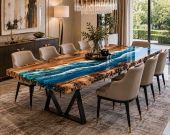 Luxury Ocean Epoxy Dining Table, Handmade Live Edge Wood Resin Table, Blue River Dining Room Table, Modern Statement Table