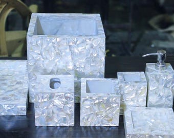 Juego de baño de nácar, decoración de baño con diseño de fregona, colección de tocador de lujo con cristal rosa natural, juego de baño de 7 piezas, decoración de baño