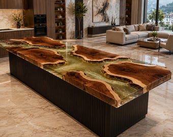 May include: A large kitchen island featuring a live edge wood slab tabletop with a translucent, light green resin river inlay. The base of the island is constructed from dark, vertically slatted wood, providing a contrast to the natural wood grain.