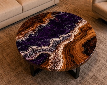 Round Purple Epoxy Coffee Table, Wood Resin River Center Table, Handmade Modern Living Room Furniture, Luxury Statement Table