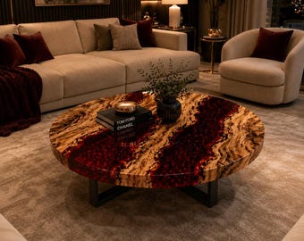 Round Red Epoxy Coffee Table, Burl Wood Resin River Table, Handmade Luxury Center Table, Modern Living Room Furniture