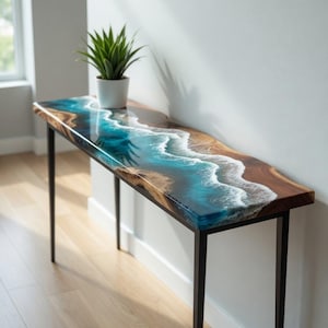 Consola de madera con resina epoxi Ocean Blue Wave: mesa de entrada costera