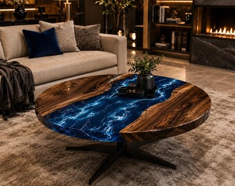 Round Blue Epoxy Coffee Table, Walnut Wood Resin River Table, Handmade Luxury Center Table, Modern Living Room Furniture