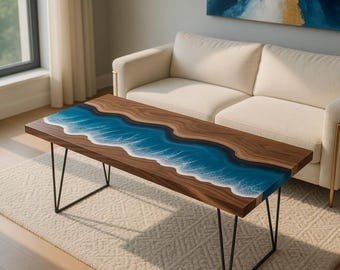 Tavolo in resina epossidica con motivo a onda oceanica, tavolo in legno naturale fatto a mano, tavolino da caffè in resina blu, tavolo artistico in legno e resina epossidica dal design accattivante, tavolo da pranzo personalizzato come regalo.