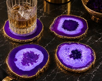 Purple Agate Coaster Set, Gold Edge Crystal Drink Coasters, Luxury Geode Slice Coasters, Handmade Bar Decor Gift