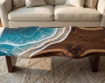 Epoxidharz-Wellen-Beistelltisch, Küstenwohnzimmertisch, Strandhausmöbel, nautisches Küstendekor, Ozeanwellen-Tisch, kleiner Tisch am Meer