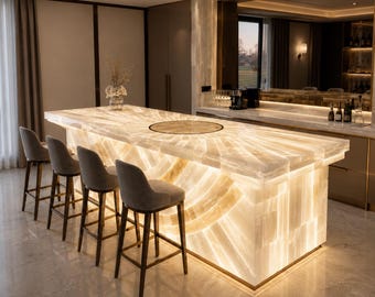 Hintergrundbeleuchtete Selenit-Bar-Insel, leuchtende weiße Kristall-Arbeitsplattenplatte, handgefertigter Luxus-Hausbar-Zähler für das Villa Hotel Interior
