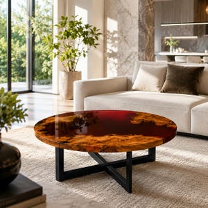 Red Epoxy Resin Coffee Table, Round Live Edge Wood Table, Handmade Resin Center Table, Black Metal Base