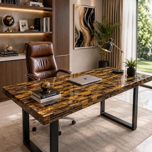 May include: A rectangular desk with a polished tiger eye stone surface and black metal U-shaped legs. A brown leather office chair is positioned behind the desk, which holds a silver laptop and two books titled The Watch Book and Chanel.