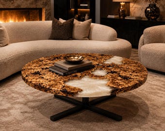 Round Honey Agate Coffee Table, Handmade Gemstone Center Table, Luxury Living Room Furniture, Modern Stone Statement Table
