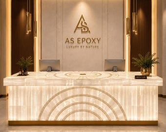 Backlit Selenite Reception Desk, Luxury Glowing White Crystal Counter, Handmade Stone Lobby Desk for Hotel Office Spa Interior