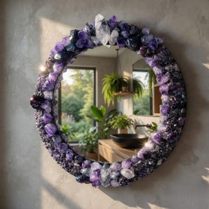Lila Amethyst Kristall Runder Wandspiegel | Boho Heilstein Spiegel | Spirituelle Wanddekoration