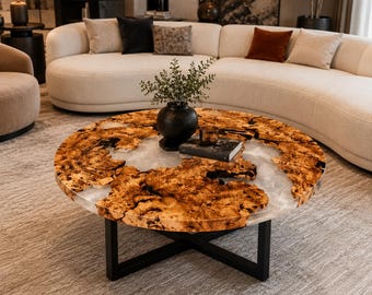 Round Burl Wood Coffee Table, Clear Epoxy Resin Center Table, Handmade Luxury Living Room Table, Modern Statement Furniture