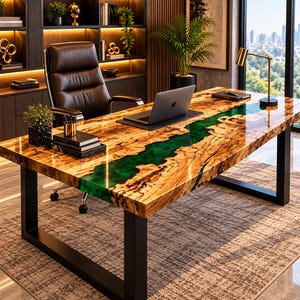 May include: A rectangular desk featuring a live-edge wood slab with a central emerald green resin river inlay, supported by black metal U-shaped legs. The polished surface holds a laptop, a small potted plant, and a gold-toned desk lamp.